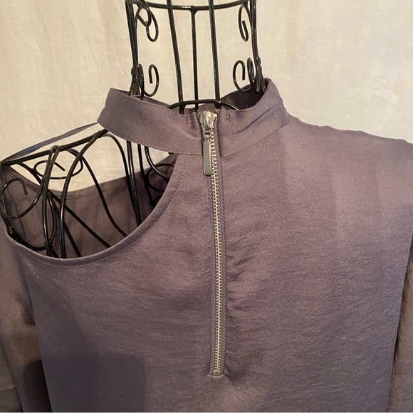 Express grey top off the shoulder with high neck Small petite. Zipper in back. - Picture 7 of 8